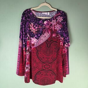 Susan Graver Womens XL Printed Liquid Knit ALine Bateau Neck Long Sleeve Top Red